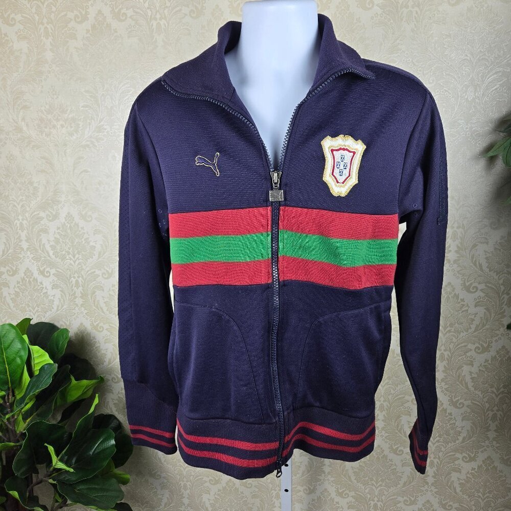 Puma Sz Medium Navy Blue Portugal Zip Front Jacket Stripes Patch Sport Athletic